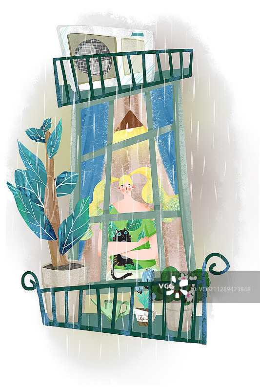 女孩在雨天窗台赏雨插画图片素材