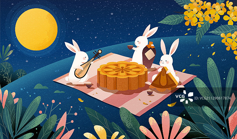 中秋节玉兔野餐赏月插画图片素材