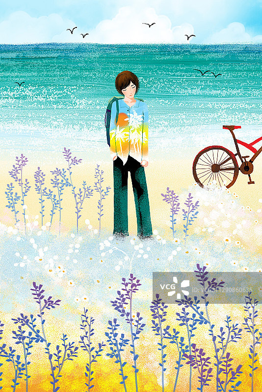 唯美时尚插画男孩男生系列-站在海边的男孩图片素材