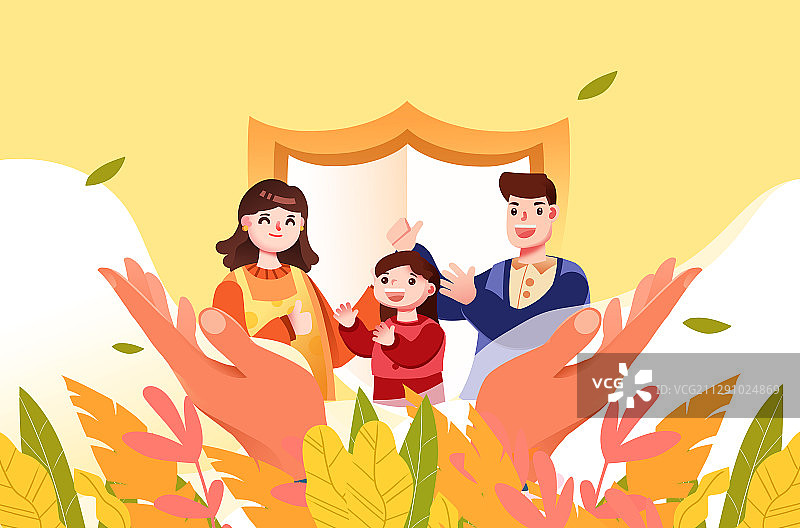 卡通手绘一家人三个人温馨相亲相爱插画图片素材