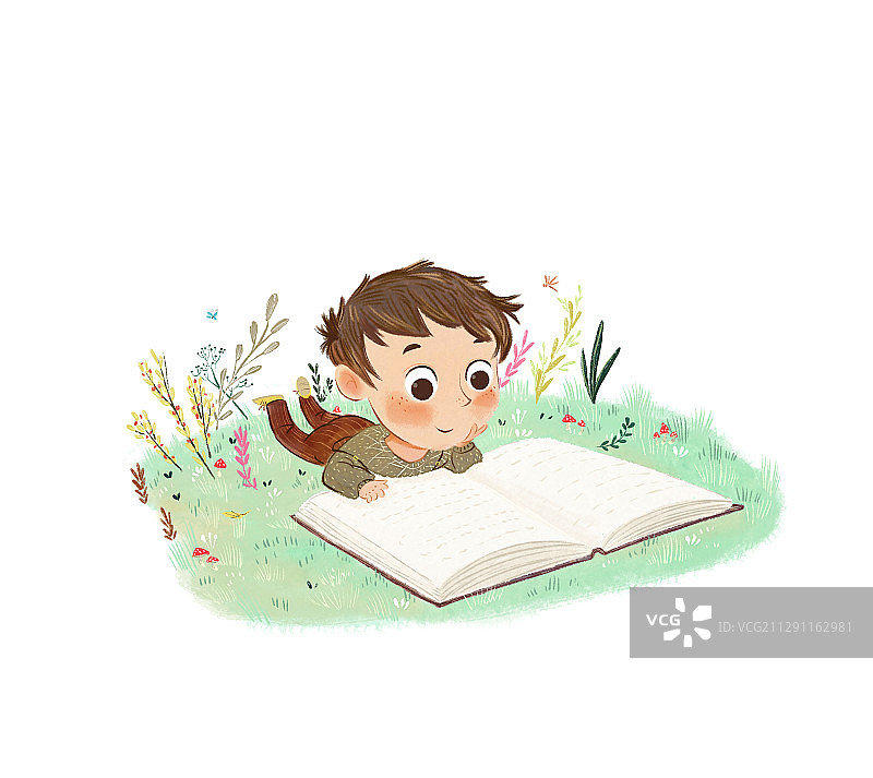 小男孩趴在草地上看书儿童插画图片素材