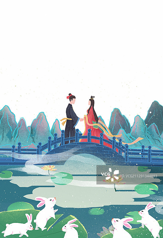 中国风七夕节在桥梁上牵手赏月的牛郎织女纯背景图片素材