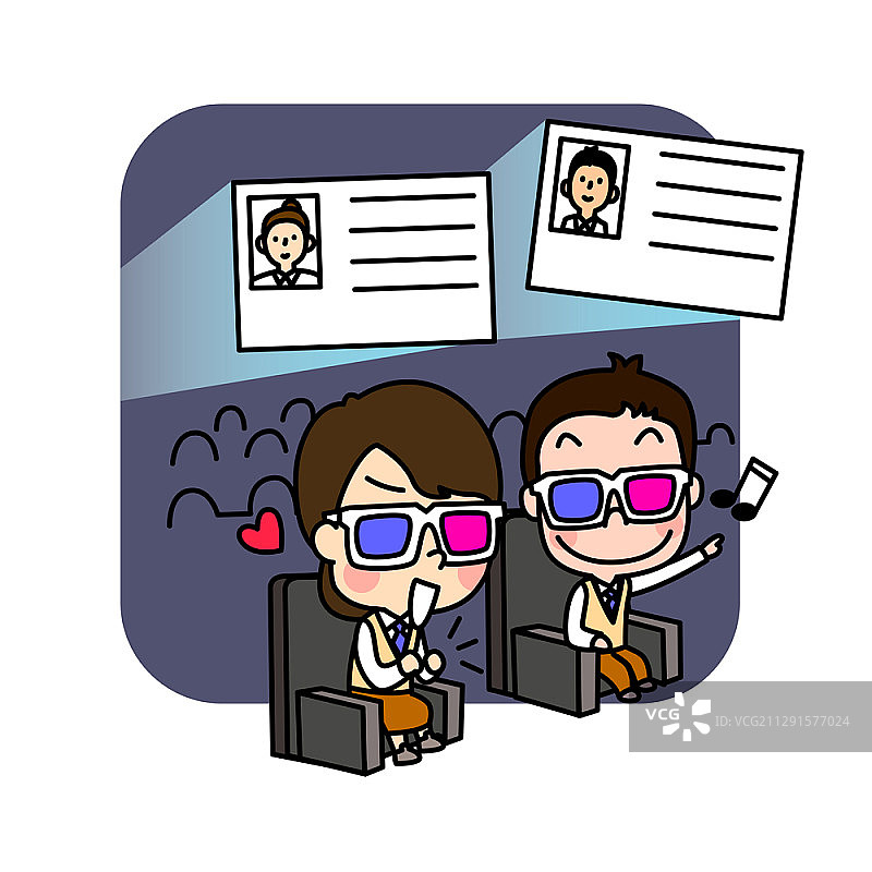 插图两名学生在电影与3D眼镜上的投影身份证图片素材