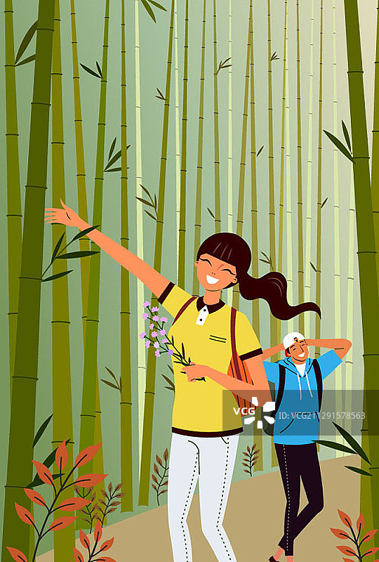 矢量插图幸福的女人挥手和男人站在竹林图片素材