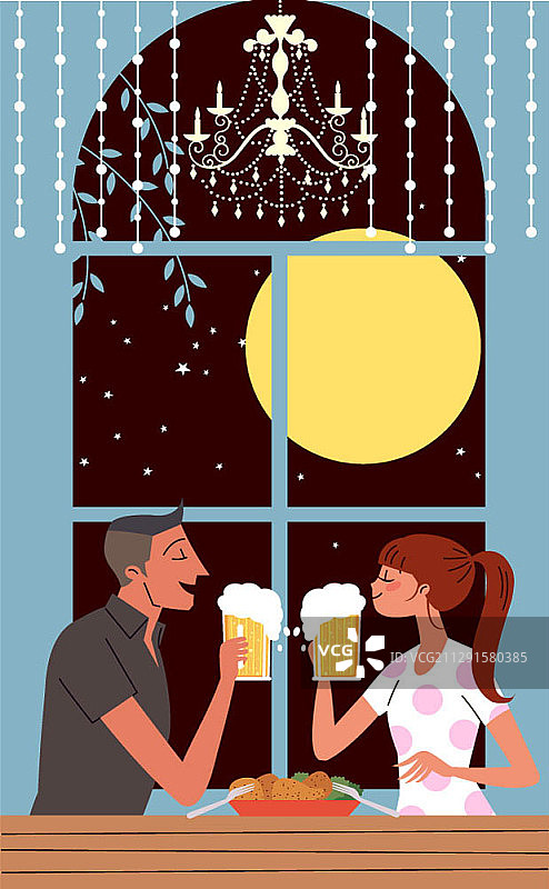 矢量插图的夫妇喝啤酒的窗户在满月的晚上图片素材