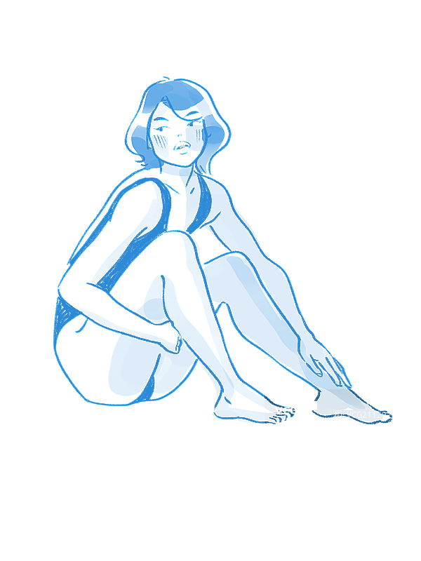 蓝色游泳短发女孩单色插画图片素材