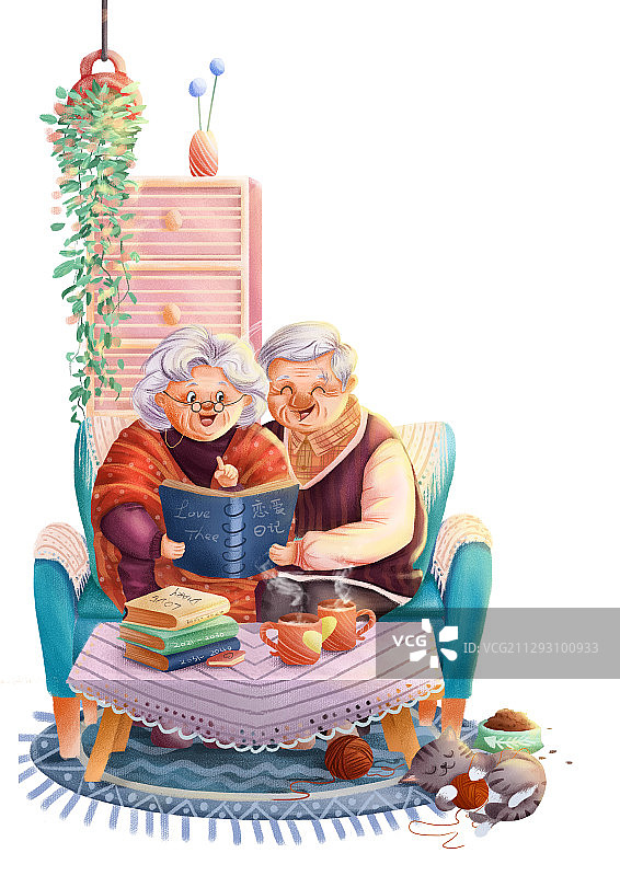 情人节插画-老年夫妻坐在沙发一起回味相册图片素材