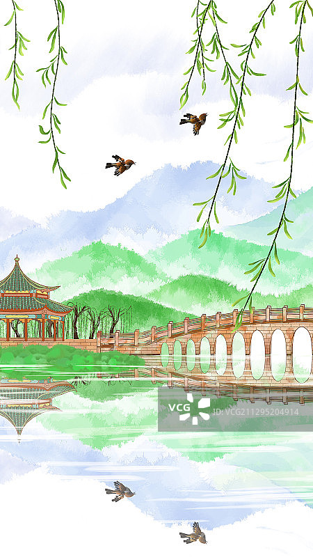 北京颐和园十七孔桥中国风水墨插画图片素材