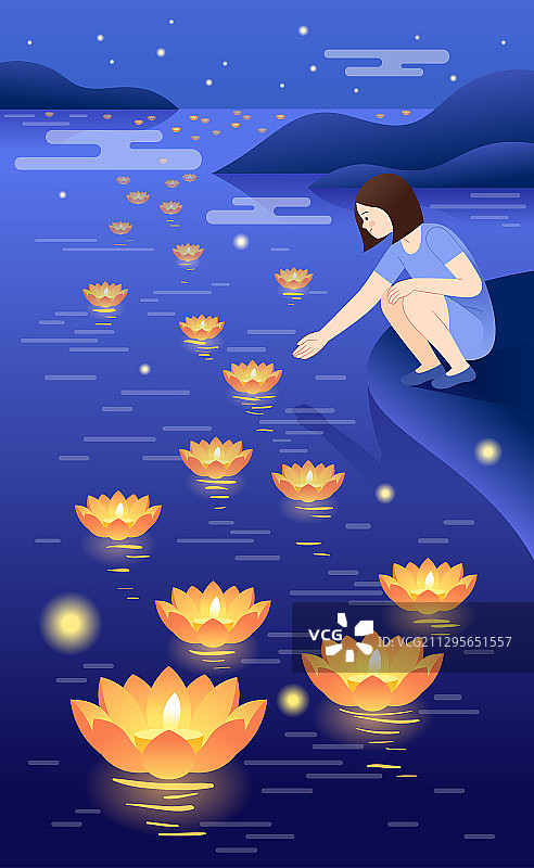 一个女生在水边放河灯图片素材