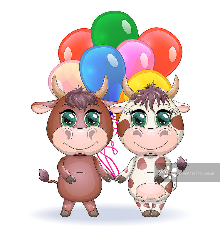 可爱的卡通夫妇母牛和气球公牛图片素材