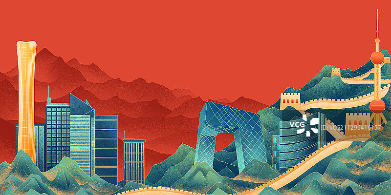 盛世中秋国庆中国红现代建筑喜庆手绘插画图片素材