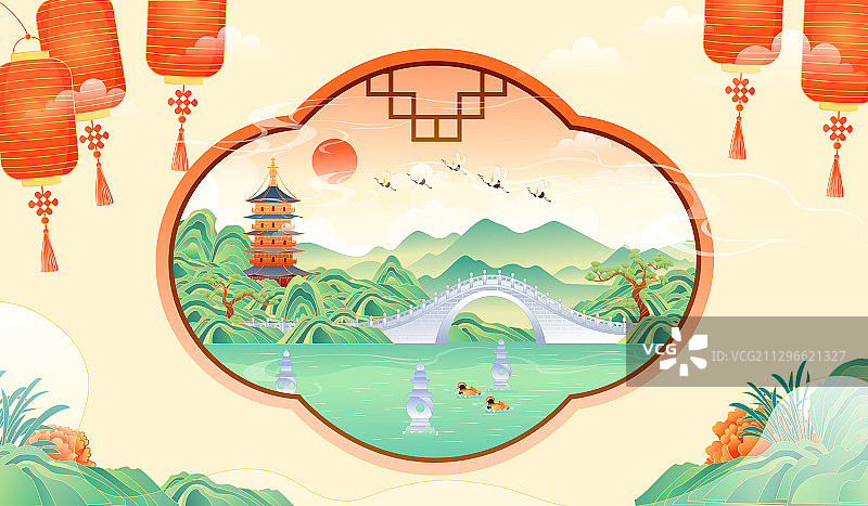 杭州西湖美丽的风景矢量插画图片素材