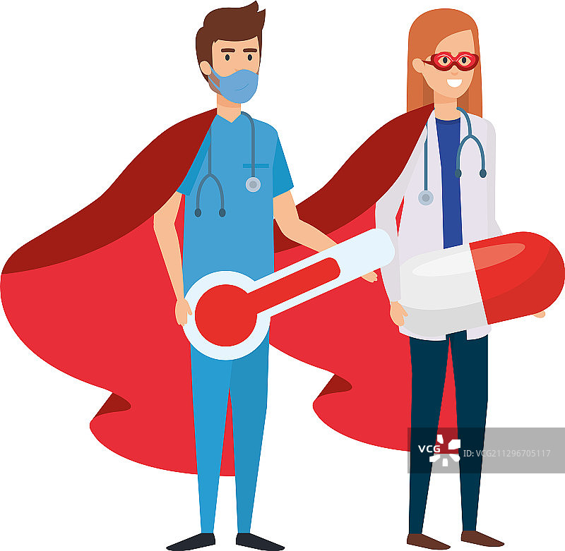 女超级医生和医护人员穿着英雄斗篷图片素材