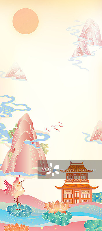 国潮风格山水仙鹤插画图案图片素材