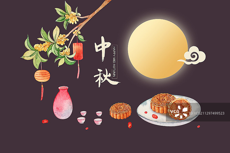 中秋节月饼桂花树酒壶国风插画图片素材