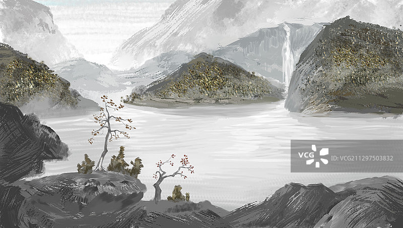 手绘中国风意境抽象山水风景画图片素材