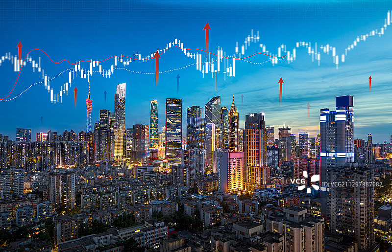夜景广州都市风光城市天际线全球商务经济金融中心股市上涨K线图图片素材