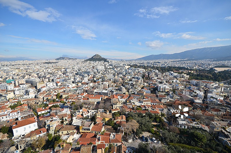 高角度拍摄的城市风景对天空，雅典，希腊图片素材
