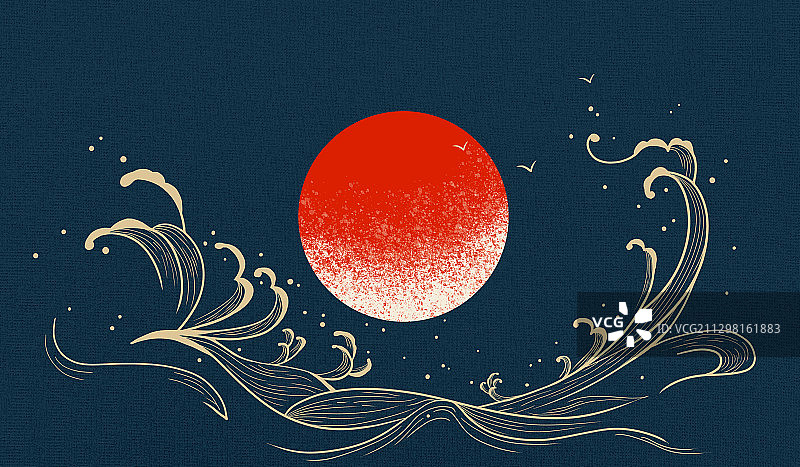 海上生明月 水波纹国风浮世绘插画图片素材