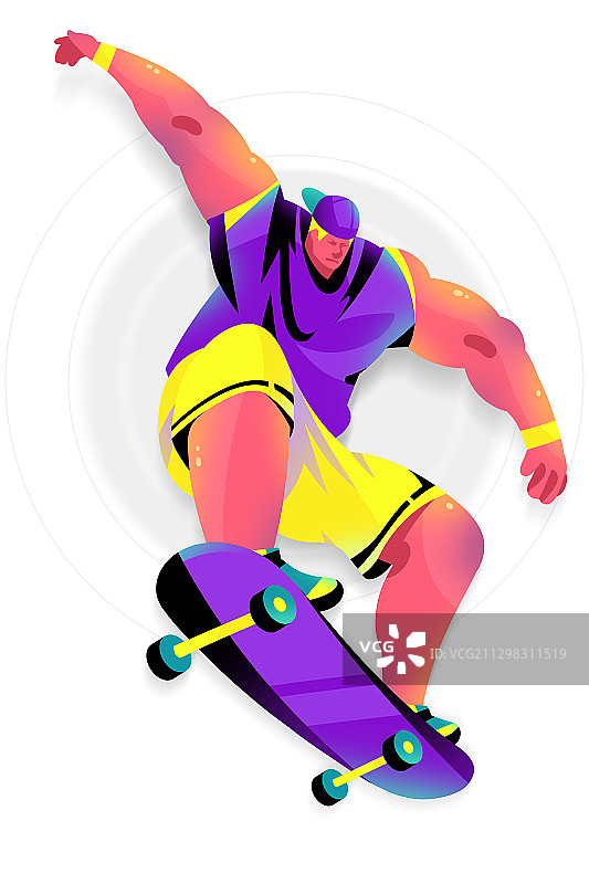 男青年带滑板跳起腾空的插画图片素材