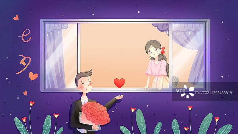 少年在窗外拿着玫瑰花束，把爱心送给窗内少女，唯美浪漫七夕插画图片素材