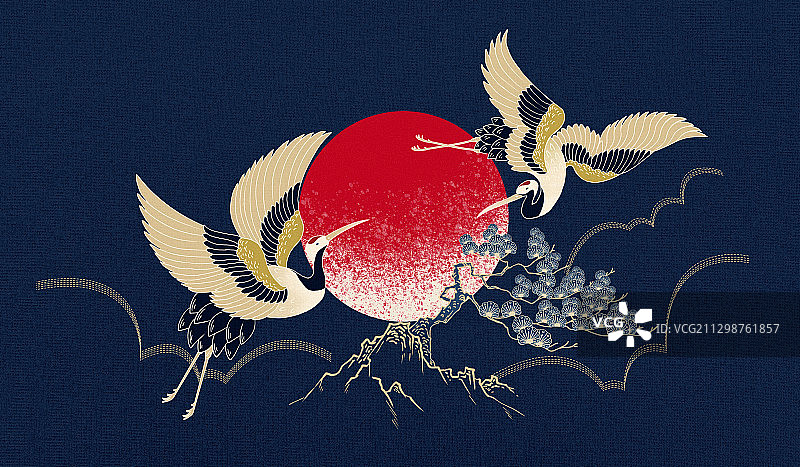 松鹤国风绘画 两只仙鹤浮世绘极简插画图片素材