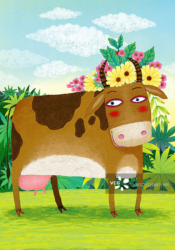 牛年牛插画-头戴大花站在草地上的牛图片素材