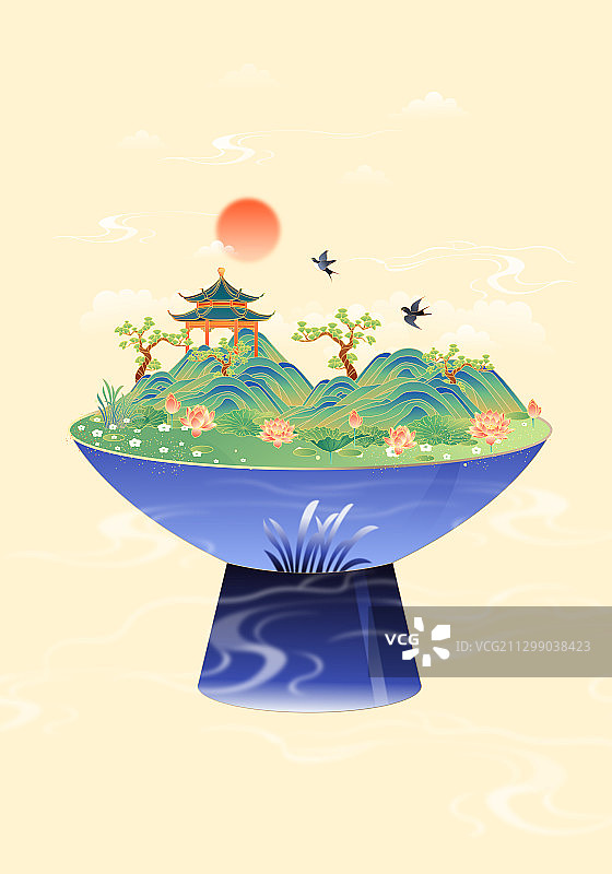 茶碗山水国潮风矢量插画图片素材