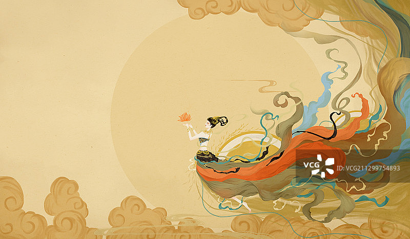 中国风敦煌飞天米色古典插画图片素材