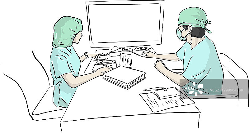 两位医生在电脑桌前工作图片素材