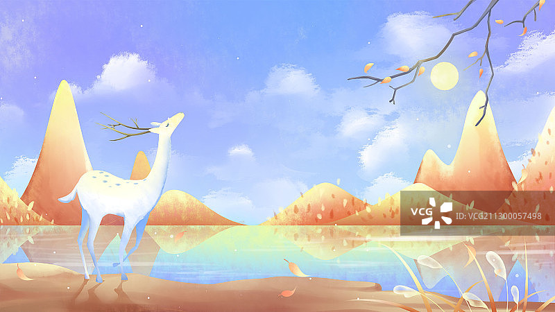 秋季湖边，一头白鹿，远处山川倒影，橙色蓝色唯美清新秋天插画图片素材