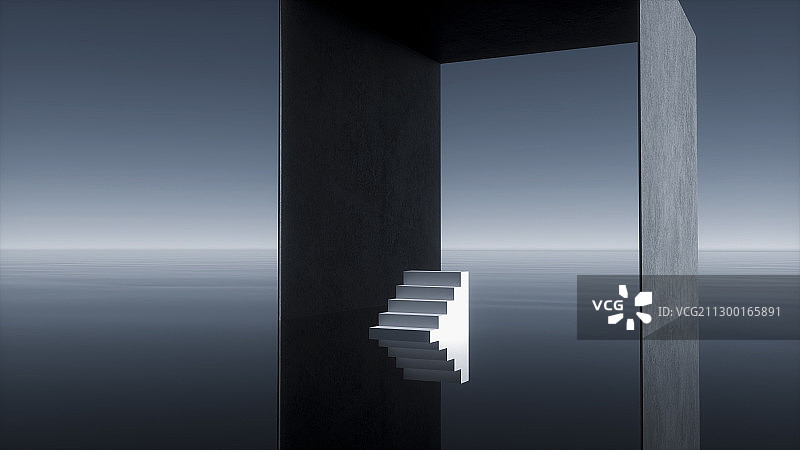 3D渲染海平面上的楼梯概念艺术场景图片素材