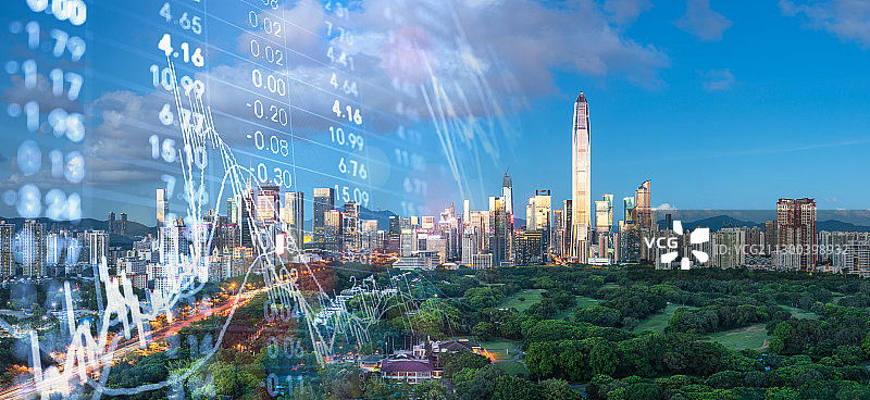 深圳福田CBD城市风光和股票金融交易概念图片素材
