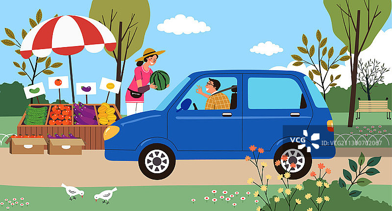 矢量插图购买和出售蔬菜在汽车餐厅图片素材