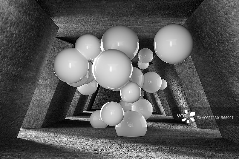 走廊内的白色圆球，三维图形图片素材