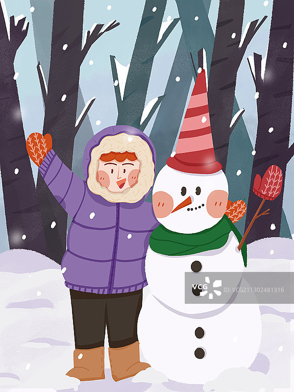 女孩与雪人插画图片素材