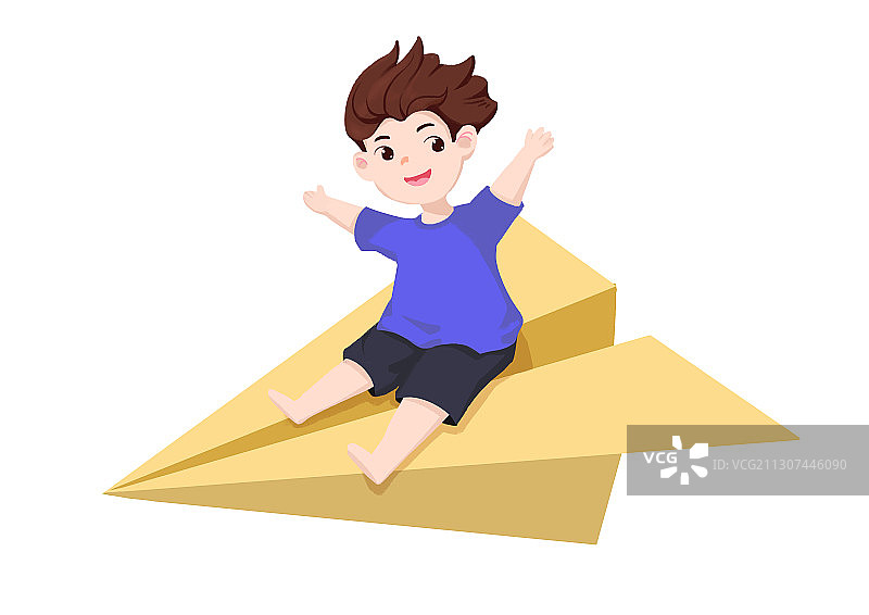 卡通坐纸飞机的男孩插画图片素材