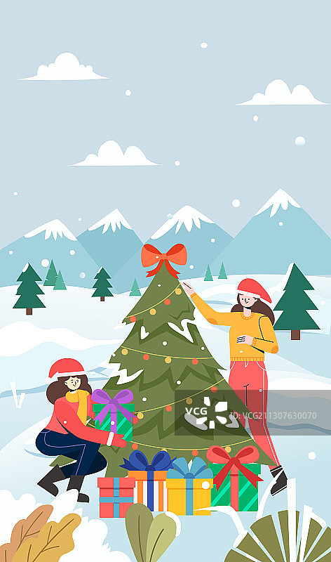 雪地里装饰圣诞树的小姐妹矢量插画图片素材