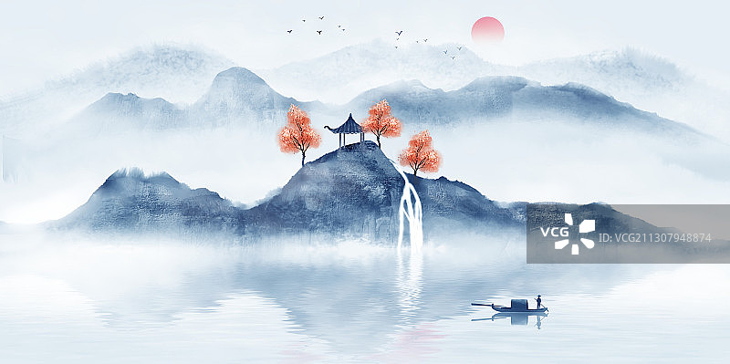 中国风意境水墨山水风景画图片素材