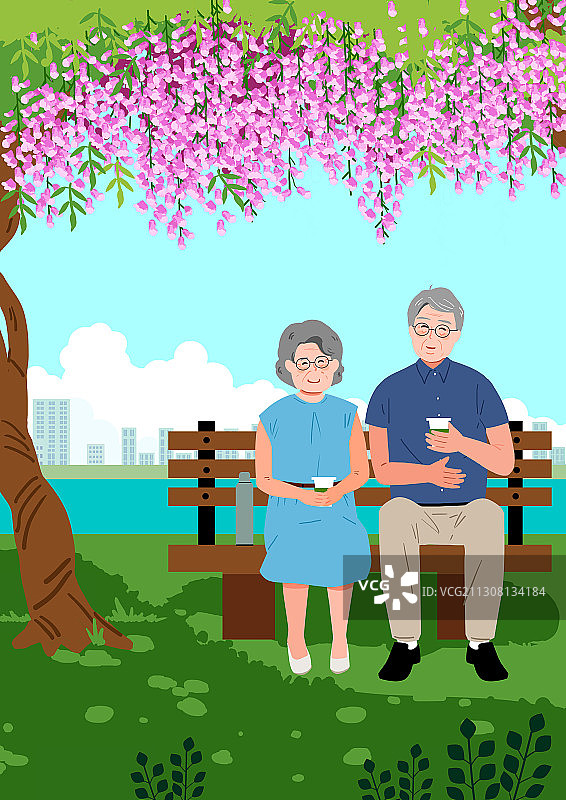 老年生活主题插画老年夫妇坐在公园长椅上喝咖啡图片素材