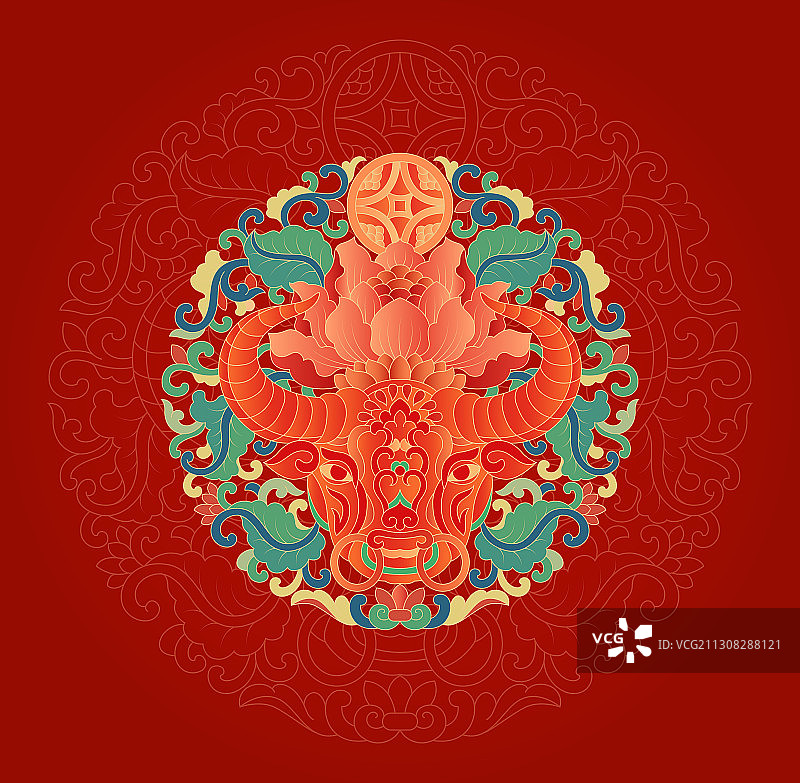 红色喜庆传统的牛年装饰花纹图案图片素材