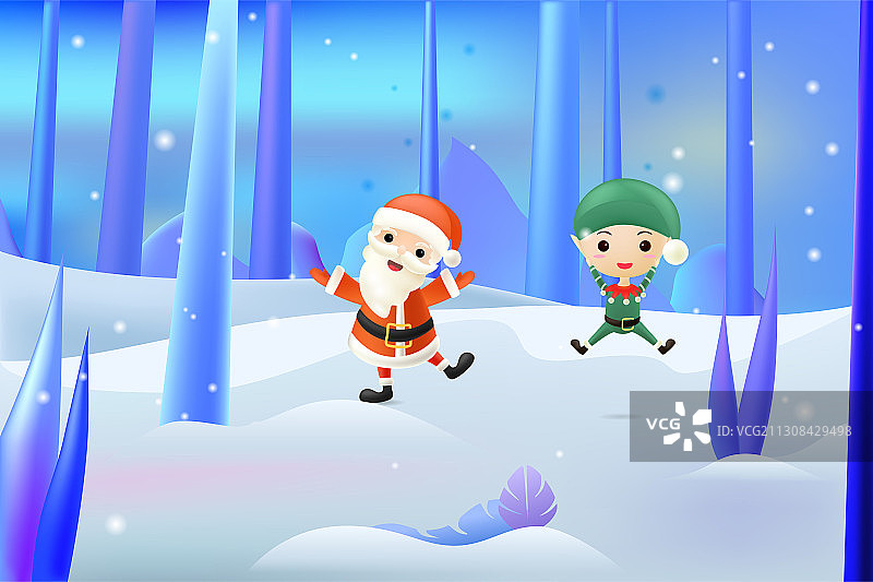 下雪的冬天森林里 快乐的圣诞老人和小精灵在玩耍海报背景插画图片素材