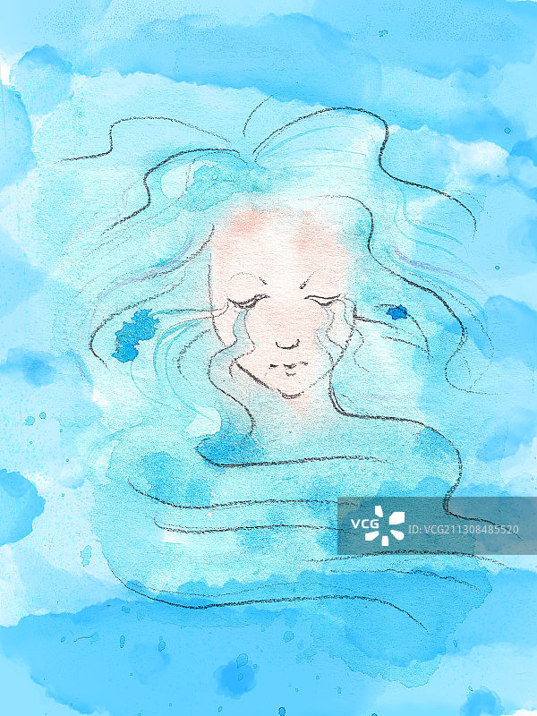 水彩手绘蓝色哭泣的女性形象图片素材