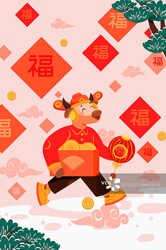 卡通春节新年2021牛年生肖吉祥物元旦除夕传统中国风矢量插画图片素材