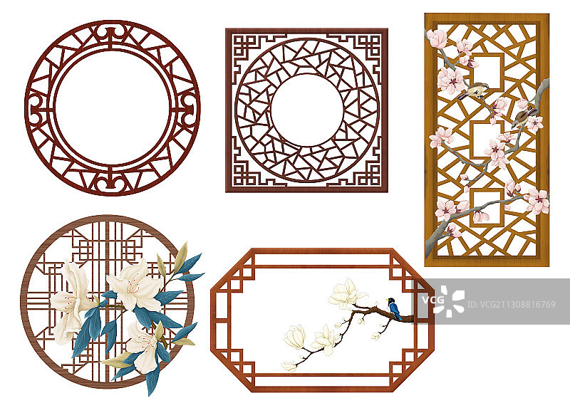 中国风古典花窗木制窗户窗框插画图片素材
