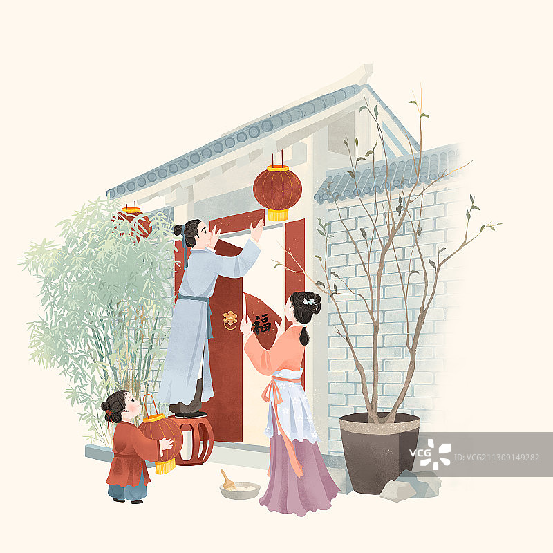 中国古代传统年俗腊月二十八贴春联插画图片素材