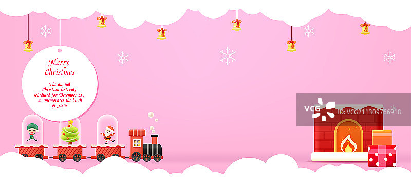 圣诞节一辆红色的小火车拉着圣诞树和圣诞老人在雪天奔跑矢量插画图片素材