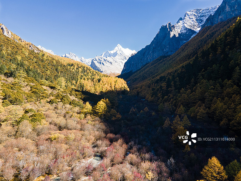 航拍稻城西丁秋色，远眺夏诺多吉神山，川西的深秋图片素材