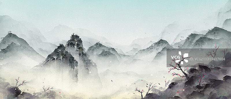 下雪的冬季中国风水墨山水画图片素材