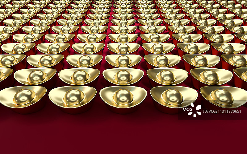 排列的金元宝与红色台面 3D渲染图片素材